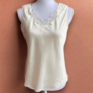 Vintage Silk-Like Lingerie Cream White Lace Elevated Basic Tank Top